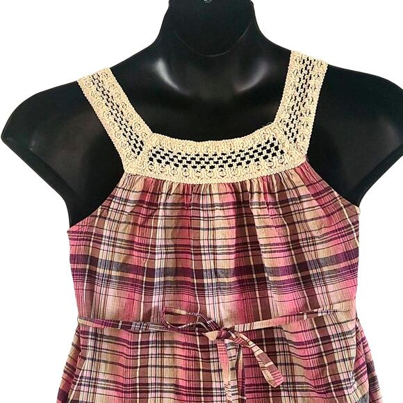 Lovers Rock Juniors Plaid Sleeveless Tank Top Size Large, Crochet Trim Tie Waist - Picture 6 of 7